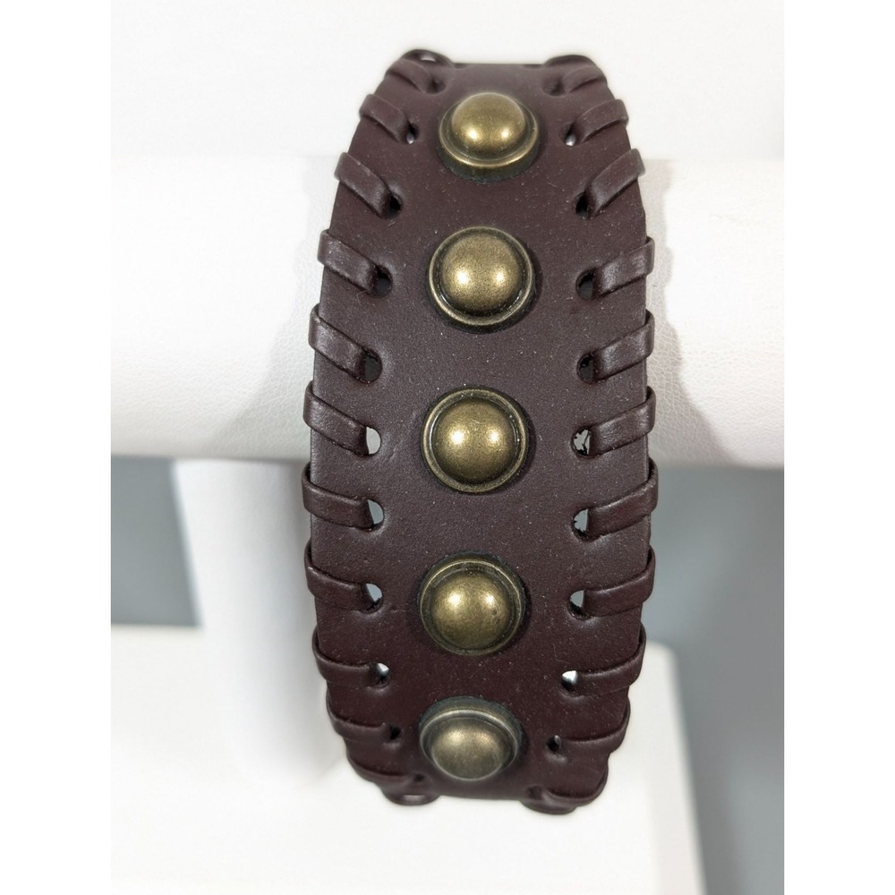 Boho Brown Faux‎ Leather Bronze Tone Stud Snap Cuff Bracelet 8.5 in